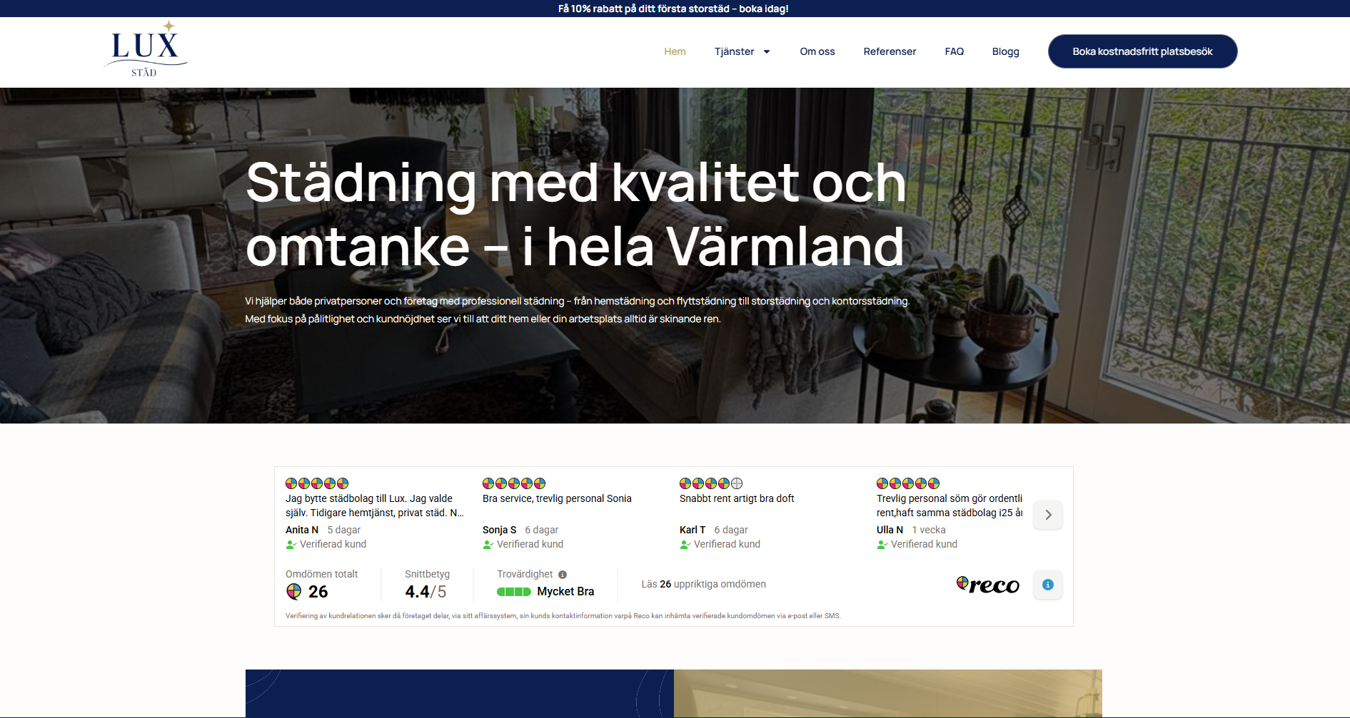 Skärmdump av Lux Städs webbplats – hemstäd, flyttstäd och fönsterputs i Värmland